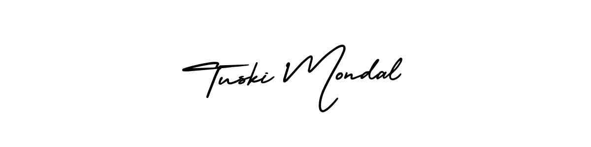 You should practise on your own different ways (AmerikaSignatureDemo-Regular) to write your name (Tuski Mondal) in signature. don't let someone else do it for you. Tuski Mondal signature style 3 images and pictures png