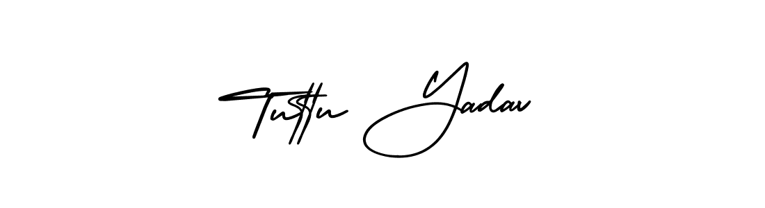 You should practise on your own different ways (AmerikaSignatureDemo-Regular) to write your name (Tuttu Yadav) in signature. don't let someone else do it for you. Tuttu Yadav signature style 3 images and pictures png