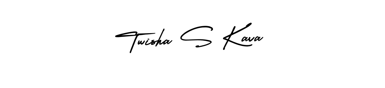 You should practise on your own different ways (AmerikaSignatureDemo-Regular) to write your name (Twisha S Kava) in signature. don't let someone else do it for you. Twisha S Kava signature style 3 images and pictures png