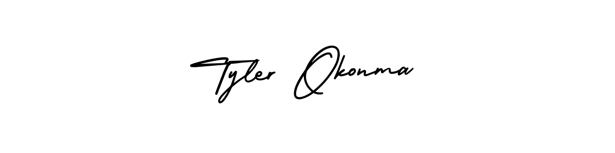 You should practise on your own different ways (AmerikaSignatureDemo-Regular) to write your name (Tyler Okonma) in signature. don't let someone else do it for you. Tyler Okonma signature style 3 images and pictures png