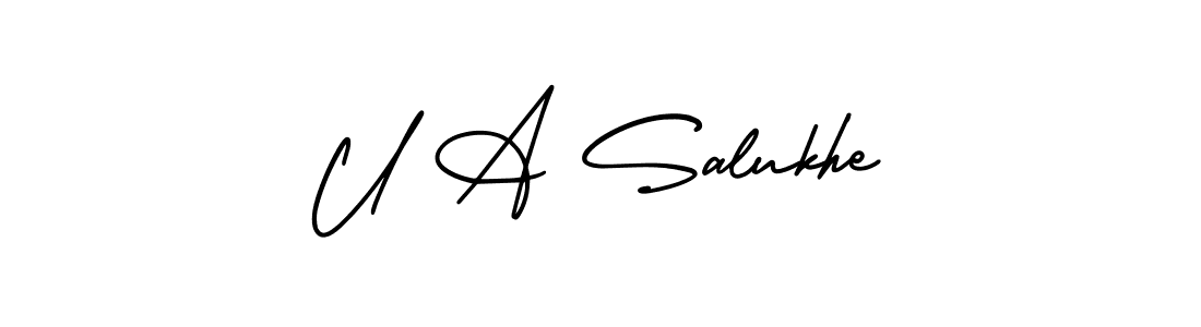 You should practise on your own different ways (AmerikaSignatureDemo-Regular) to write your name (U A Salukhe) in signature. don't let someone else do it for you. U A Salukhe signature style 3 images and pictures png