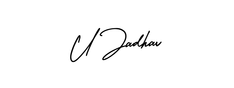 You should practise on your own different ways (AmerikaSignatureDemo-Regular) to write your name (U Jadhav) in signature. don't let someone else do it for you. U Jadhav signature style 3 images and pictures png