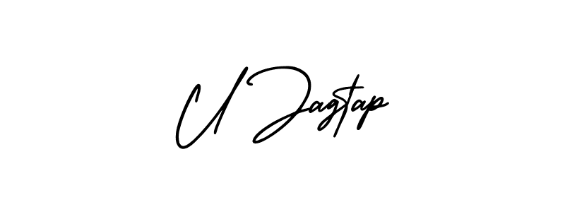 You should practise on your own different ways (AmerikaSignatureDemo-Regular) to write your name (U Jagtap) in signature. don't let someone else do it for you. U Jagtap signature style 3 images and pictures png