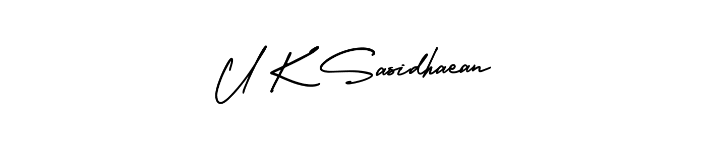 You should practise on your own different ways (AmerikaSignatureDemo-Regular) to write your name (U K Sasidhaean) in signature. don't let someone else do it for you. U K Sasidhaean signature style 3 images and pictures png