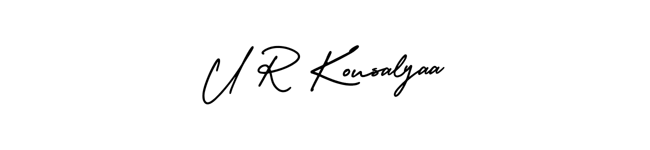 You should practise on your own different ways (AmerikaSignatureDemo-Regular) to write your name (U R Kousalyaa) in signature. don't let someone else do it for you. U R Kousalyaa signature style 3 images and pictures png
