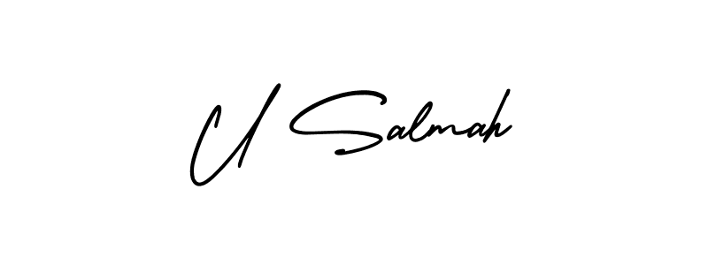 The best way (AmerikaSignatureDemo-Regular) to make a short signature is to pick only two or three words in your name. The name U Salmah include a total of six letters. For converting this name. U Salmah signature style 3 images and pictures png