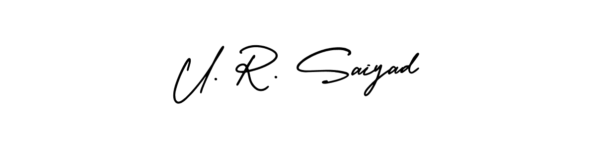 You should practise on your own different ways (AmerikaSignatureDemo-Regular) to write your name (U. R. Saiyad) in signature. don't let someone else do it for you. U. R. Saiyad signature style 3 images and pictures png