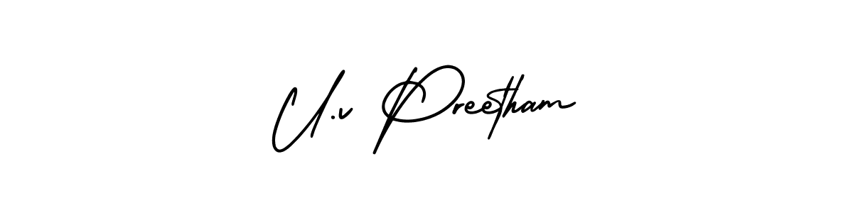 if you are searching for the best signature style for your name U.v Preetham. so please give up your signature search. here we have designed multiple signature styles  using AmerikaSignatureDemo-Regular. U.v Preetham signature style 3 images and pictures png