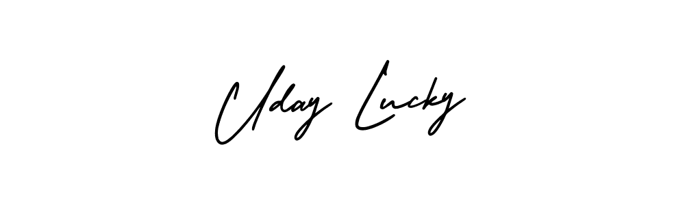 You should practise on your own different ways (AmerikaSignatureDemo-Regular) to write your name (Uday Lucky) in signature. don't let someone else do it for you. Uday Lucky signature style 3 images and pictures png