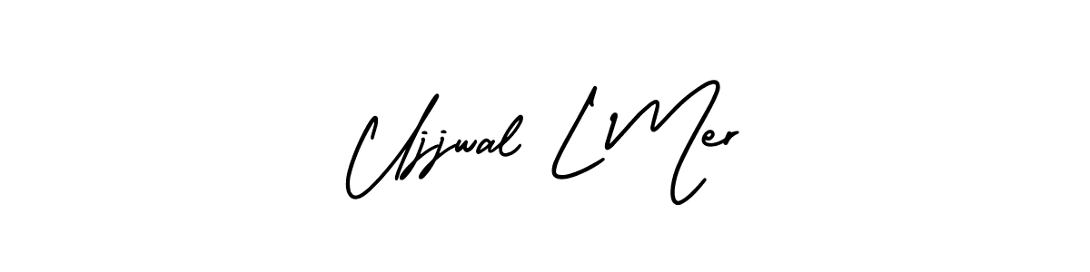 You should practise on your own different ways (AmerikaSignatureDemo-Regular) to write your name (Ujjwal L Mer) in signature. don't let someone else do it for you. Ujjwal L Mer signature style 3 images and pictures png