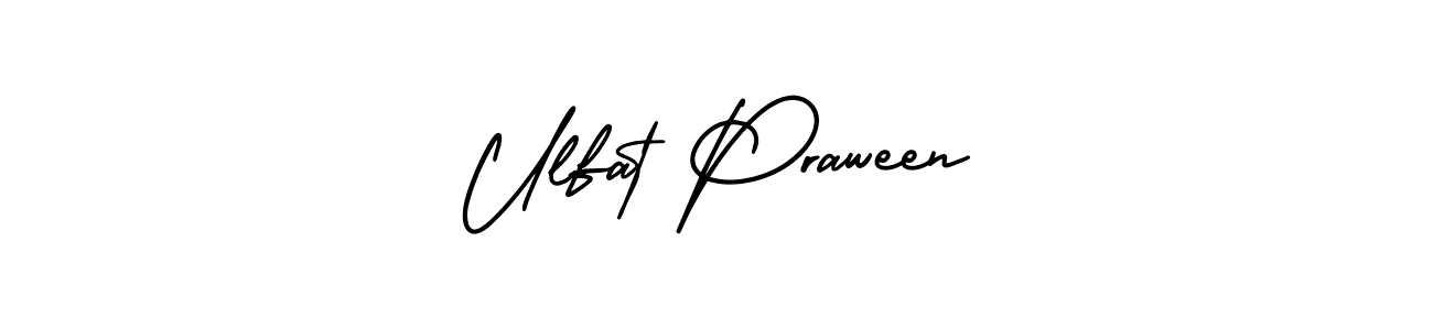You should practise on your own different ways (AmerikaSignatureDemo-Regular) to write your name (Ulfat Praween) in signature. don't let someone else do it for you. Ulfat Praween signature style 3 images and pictures png