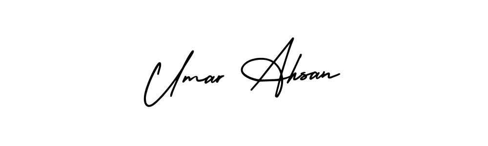 The best way (AmerikaSignatureDemo-Regular) to make a short signature is to pick only two or three words in your name. The name Umar Ahsan include a total of six letters. For converting this name. Umar Ahsan signature style 3 images and pictures png