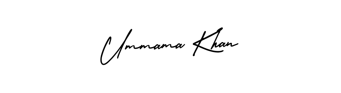 You should practise on your own different ways (AmerikaSignatureDemo-Regular) to write your name (Ummama Khan) in signature. don't let someone else do it for you. Ummama Khan signature style 3 images and pictures png