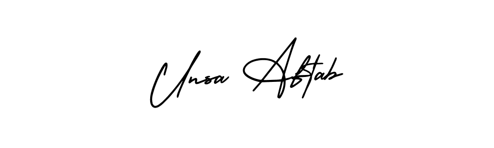 The best way (AmerikaSignatureDemo-Regular) to make a short signature is to pick only two or three words in your name. The name Unsa Aftab include a total of six letters. For converting this name. Unsa Aftab signature style 3 images and pictures png