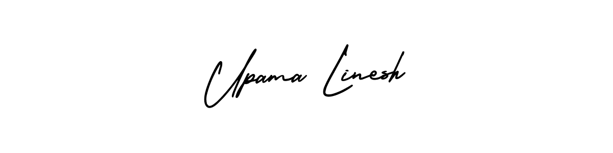 You should practise on your own different ways (AmerikaSignatureDemo-Regular) to write your name (Upama Linesh) in signature. don't let someone else do it for you. Upama Linesh signature style 3 images and pictures png