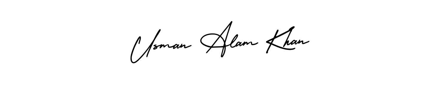 The best way (AmerikaSignatureDemo-Regular) to make a short signature is to pick only two or three words in your name. The name Usman Alam Khan include a total of six letters. For converting this name. Usman Alam Khan signature style 3 images and pictures png