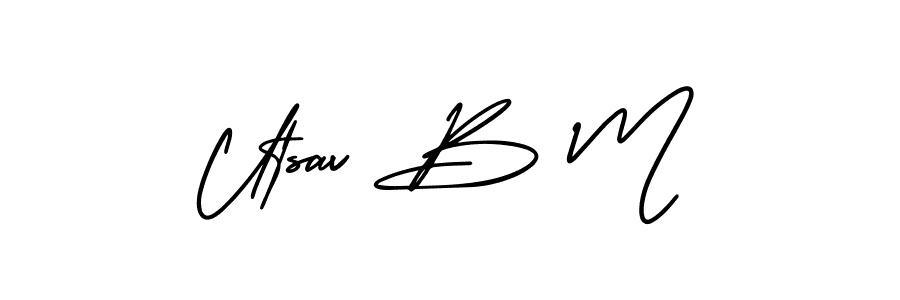 You should practise on your own different ways (AmerikaSignatureDemo-Regular) to write your name (Utsav B M) in signature. don't let someone else do it for you. Utsav B M signature style 3 images and pictures png