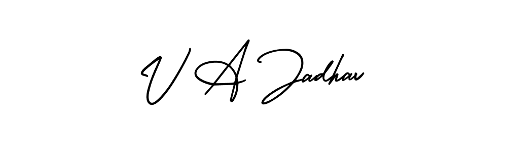 You should practise on your own different ways (AmerikaSignatureDemo-Regular) to write your name (V A Jadhav) in signature. don't let someone else do it for you. V A Jadhav signature style 3 images and pictures png