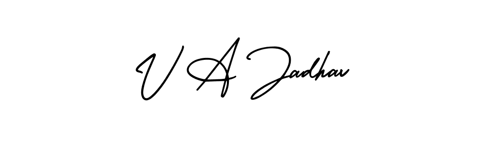 You should practise on your own different ways (AmerikaSignatureDemo-Regular) to write your name (V A Jadhav) in signature. don't let someone else do it for you. V A Jadhav signature style 3 images and pictures png