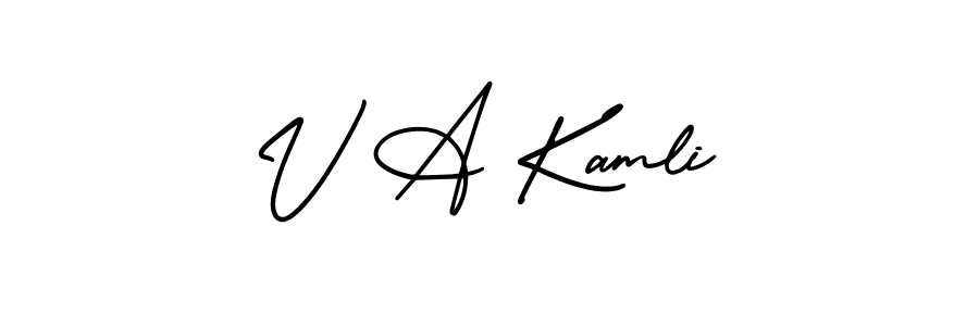 How to make V A Kamli name signature. Use AmerikaSignatureDemo-Regular style for creating short signs online. This is the latest handwritten sign. V A Kamli signature style 3 images and pictures png