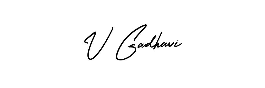 The best way (AmerikaSignatureDemo-Regular) to make a short signature is to pick only two or three words in your name. The name V Gadhavi include a total of six letters. For converting this name. V Gadhavi signature style 3 images and pictures png