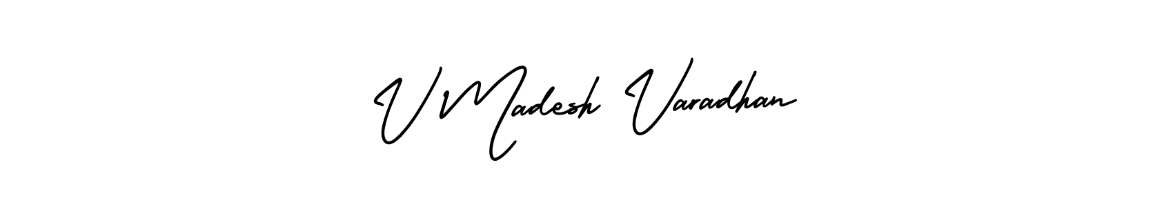 You should practise on your own different ways (AmerikaSignatureDemo-Regular) to write your name (V Madesh Varadhan) in signature. don't let someone else do it for you. V Madesh Varadhan signature style 3 images and pictures png