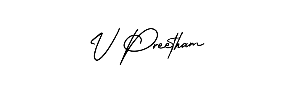 The best way (AmerikaSignatureDemo-Regular) to make a short signature is to pick only two or three words in your name. The name V Preetham include a total of six letters. For converting this name. V Preetham signature style 3 images and pictures png