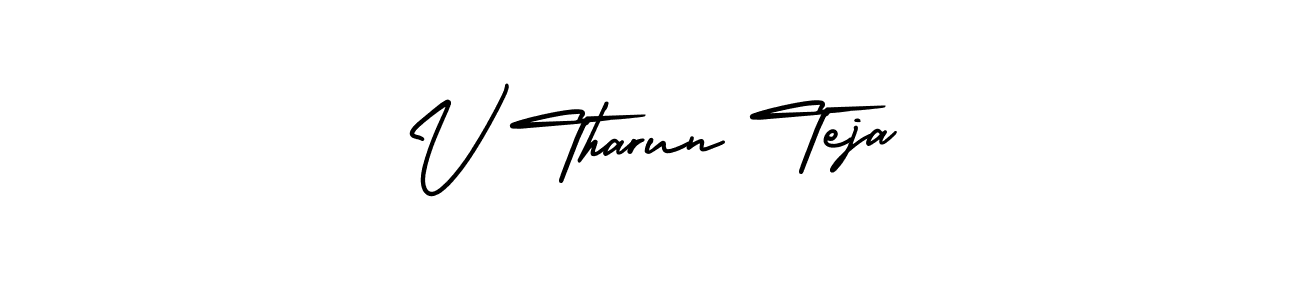 This is the best signature style for the V Tharun Teja name. Also you like these signature font (AmerikaSignatureDemo-Regular). Mix name signature. V Tharun Teja signature style 3 images and pictures png
