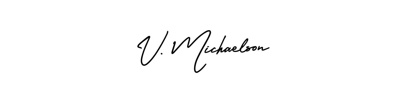 This is the best signature style for the V. Michaelson name. Also you like these signature font (AmerikaSignatureDemo-Regular). Mix name signature. V. Michaelson signature style 3 images and pictures png