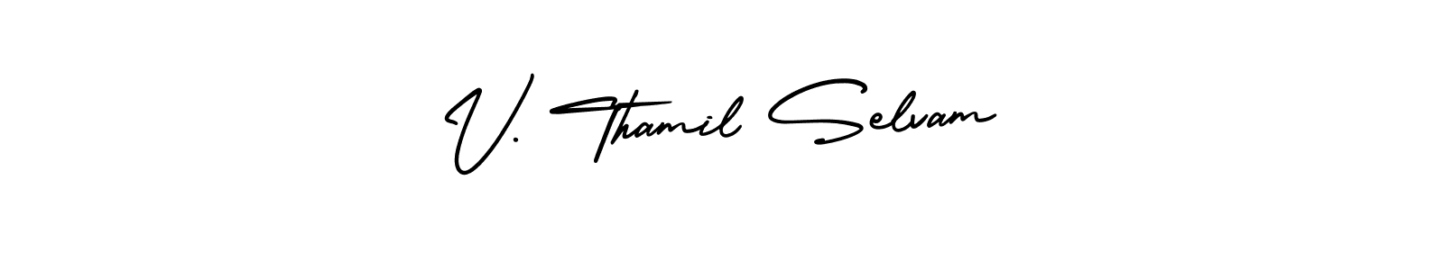 The best way (AmerikaSignatureDemo-Regular) to make a short signature is to pick only two or three words in your name. The name V. Thamil Selvam include a total of six letters. For converting this name. V. Thamil Selvam signature style 3 images and pictures png