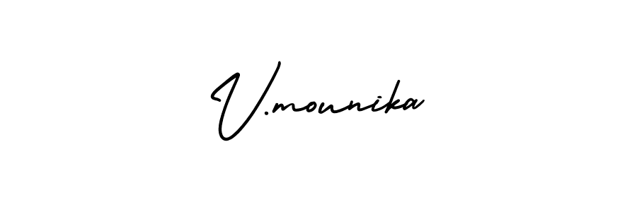 The best way (AmerikaSignatureDemo-Regular) to make a short signature is to pick only two or three words in your name. The name V.mounika include a total of six letters. For converting this name. V.mounika signature style 3 images and pictures png