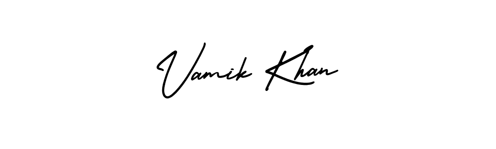 You should practise on your own different ways (AmerikaSignatureDemo-Regular) to write your name (Vamik Khan) in signature. don't let someone else do it for you. Vamik Khan signature style 3 images and pictures png