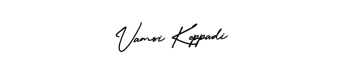 You should practise on your own different ways (AmerikaSignatureDemo-Regular) to write your name (Vamsi Koppadi) in signature. don't let someone else do it for you. Vamsi Koppadi signature style 3 images and pictures png
