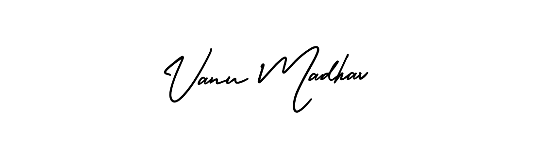 The best way (AmerikaSignatureDemo-Regular) to make a short signature is to pick only two or three words in your name. The name Vanu Madhav include a total of six letters. For converting this name. Vanu Madhav signature style 3 images and pictures png