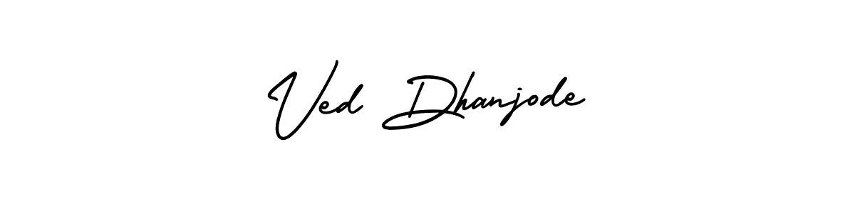 You should practise on your own different ways (AmerikaSignatureDemo-Regular) to write your name (Ved Dhanjode) in signature. don't let someone else do it for you. Ved Dhanjode signature style 3 images and pictures png