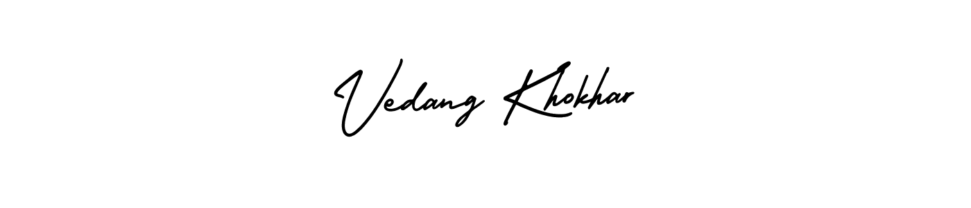The best way (AmerikaSignatureDemo-Regular) to make a short signature is to pick only two or three words in your name. The name Vedang Khokhar include a total of six letters. For converting this name. Vedang Khokhar signature style 3 images and pictures png