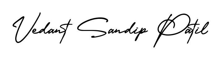 A timeless handwritten aesthetic for Vedant Sandip Patil. The AmerikaSignatureDemo-Regular font gives your signature a handcrafted feel with natural curves. Vedant Sandip Patil signature style 3 images and pictures png