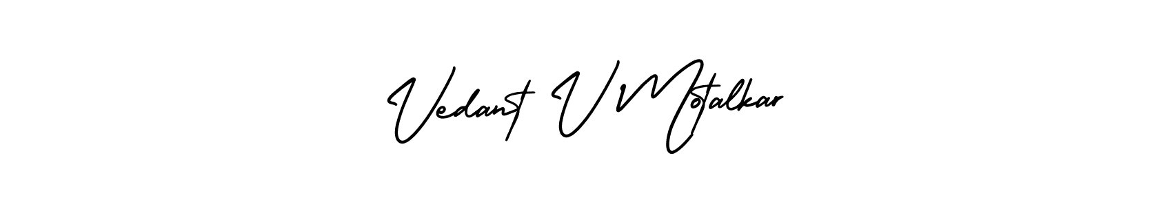 You should practise on your own different ways (AmerikaSignatureDemo-Regular) to write your name (Vedant V Motalkar) in signature. don't let someone else do it for you. Vedant V Motalkar signature style 3 images and pictures png