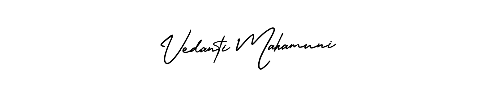 You should practise on your own different ways (AmerikaSignatureDemo-Regular) to write your name (Vedanti Mahamuni) in signature. don't let someone else do it for you. Vedanti Mahamuni signature style 3 images and pictures png