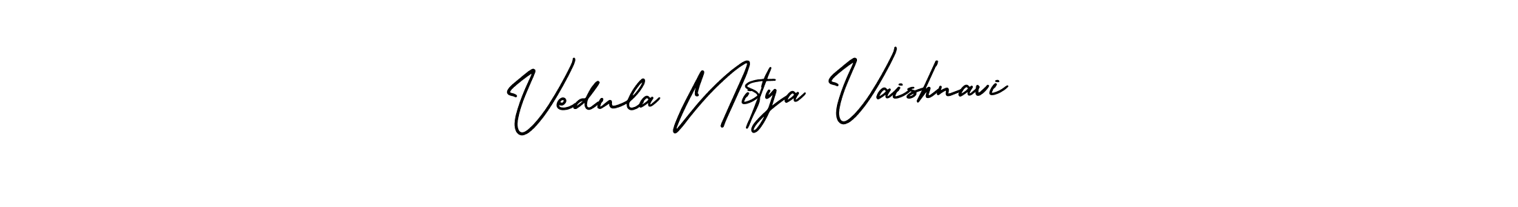 The best way (AmerikaSignatureDemo-Regular) to make a short signature is to pick only two or three words in your name. The name Vedula Nitya Vaishnavi include a total of six letters. For converting this name. Vedula Nitya Vaishnavi signature style 3 images and pictures png