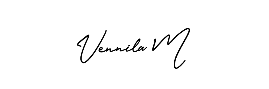 The best way (AmerikaSignatureDemo-Regular) to make a short signature is to pick only two or three words in your name. The name Vennila M include a total of six letters. For converting this name. Vennila M signature style 3 images and pictures png