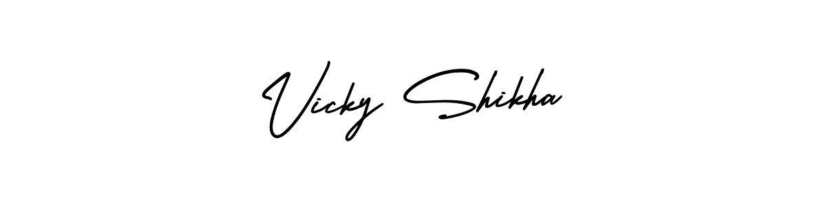 You should practise on your own different ways (AmerikaSignatureDemo-Regular) to write your name (Vicky Shikha) in signature. don't let someone else do it for you. Vicky Shikha signature style 3 images and pictures png