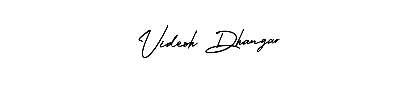 You should practise on your own different ways (AmerikaSignatureDemo-Regular) to write your name (Videsh Dhangar) in signature. don't let someone else do it for you. Videsh Dhangar signature style 3 images and pictures png