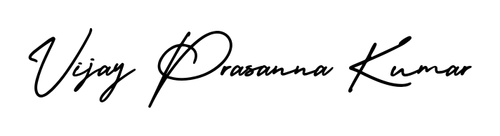 Get an exclusive digital autograph for Vijay Prasanna Kumar. The AmerikaSignatureDemo-Regular typeface captures the charm of real penmanship on paper. Vijay Prasanna Kumar signature style 3 images and pictures png