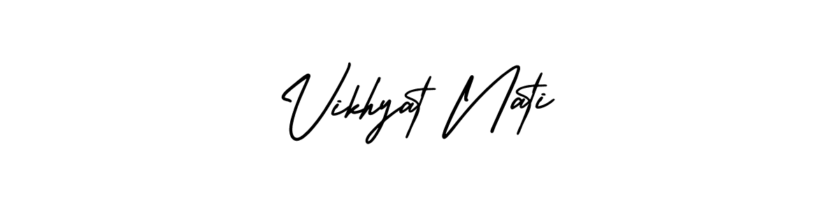 You should practise on your own different ways (AmerikaSignatureDemo-Regular) to write your name (Vikhyat Nati) in signature. don't let someone else do it for you. Vikhyat Nati signature style 3 images and pictures png