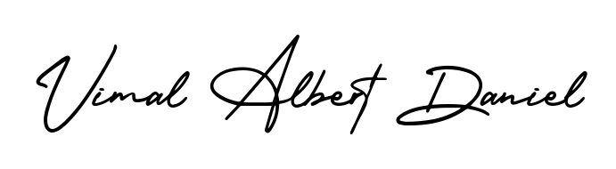 Transform the name Vimal Albert Daniel into a signature masterpiece using AmerikaSignatureDemo-Regular font. Ideal for photographers, artists, and creators looking for watermarks. Vimal Albert Daniel signature style 3 images and pictures png