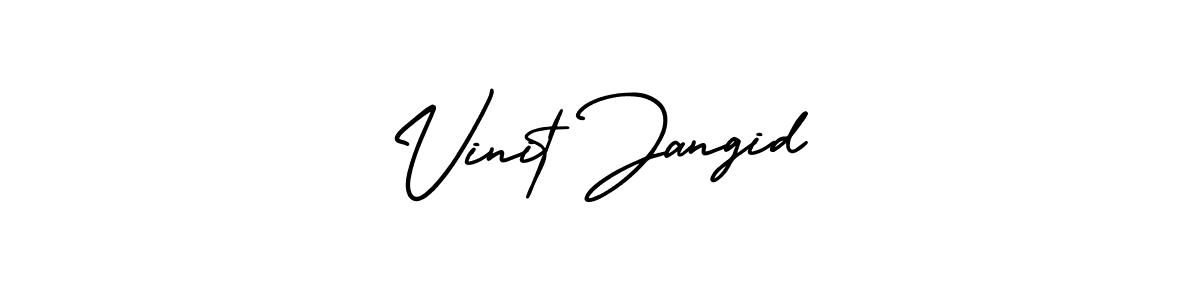 You should practise on your own different ways (AmerikaSignatureDemo-Regular) to write your name (Vinit Jangid) in signature. don't let someone else do it for you. Vinit Jangid signature style 3 images and pictures png