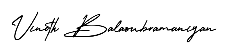 A modern signature idea for name Vinoth Balasubramaniyan using AmerikaSignatureDemo-Regular font. Clean strokes and elegant curves make it stand out instantly. Vinoth Balasubramaniyan signature style 3 images and pictures png