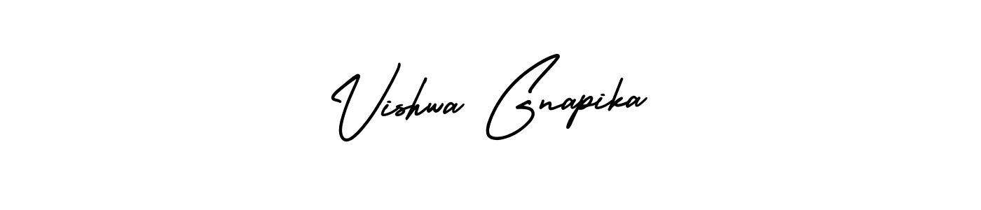 The best way (AmerikaSignatureDemo-Regular) to make a short signature is to pick only two or three words in your name. The name Vishwa Gnapika include a total of six letters. For converting this name. Vishwa Gnapika signature style 3 images and pictures png