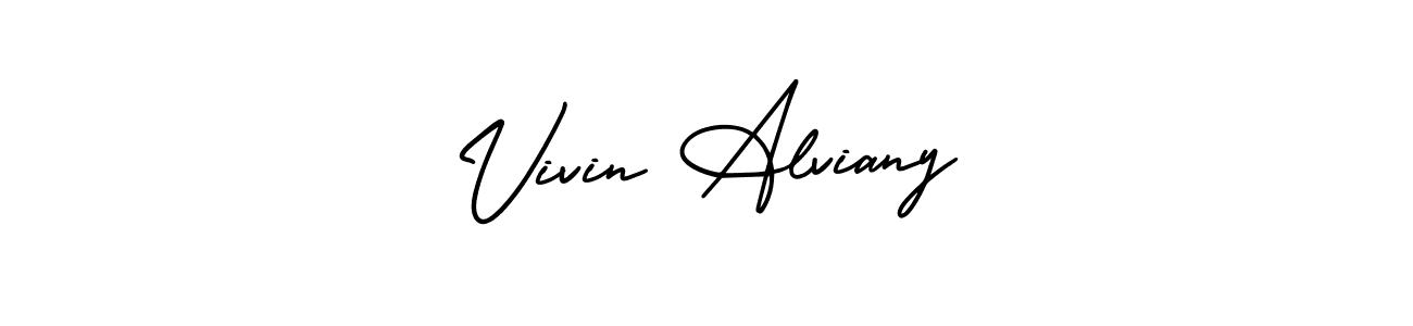 The best way (AmerikaSignatureDemo-Regular) to make a short signature is to pick only two or three words in your name. The name Vivin Alviany include a total of six letters. For converting this name. Vivin Alviany signature style 3 images and pictures png